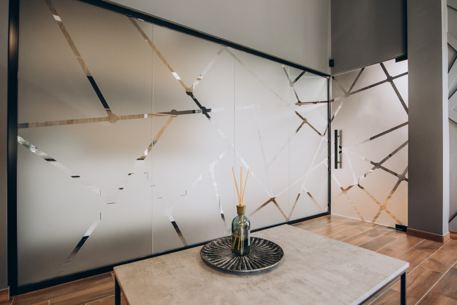 Modern interior with geometric glass design